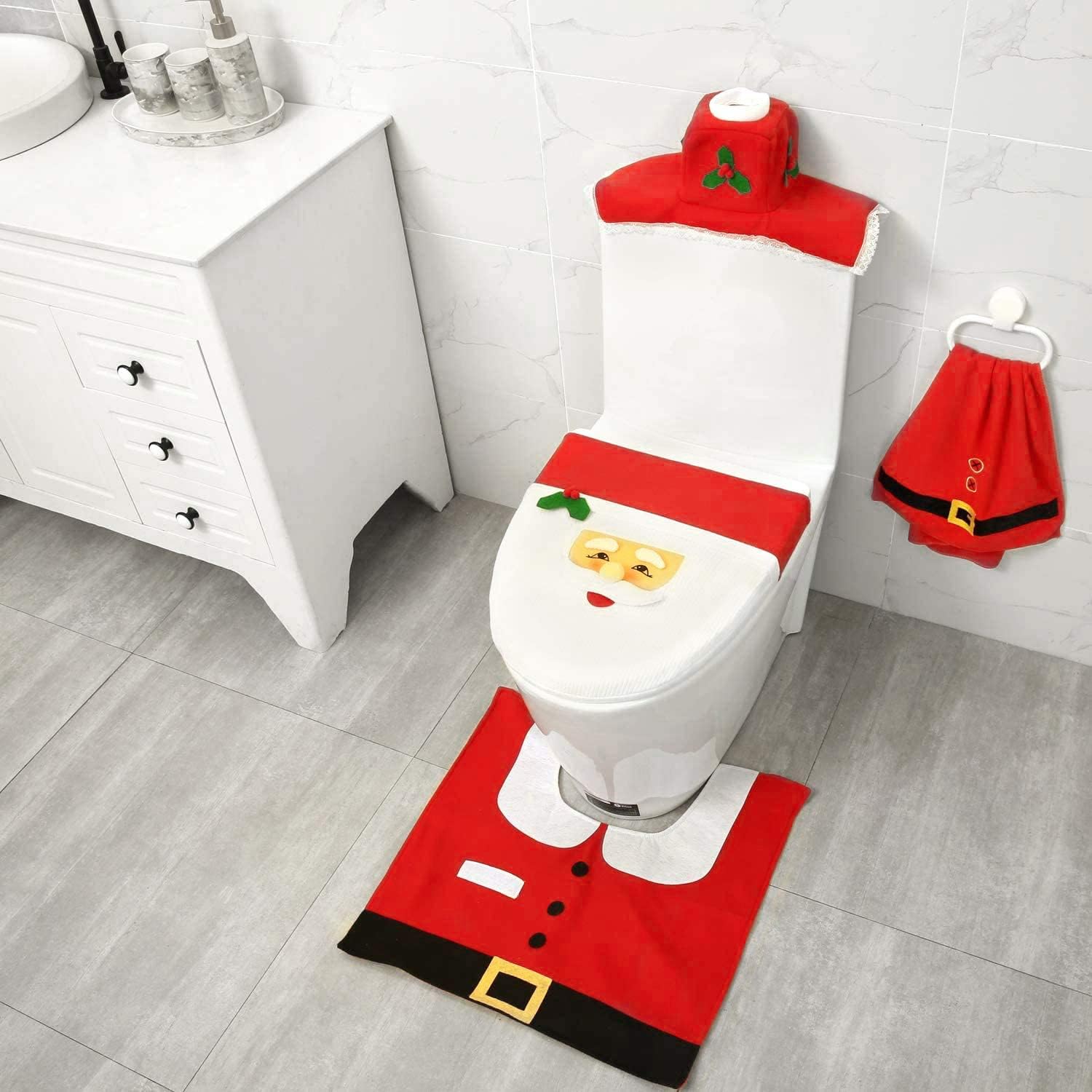 Ohuhu Christmas Santa Toilet Seat Cover, Upgrade 5 PCS Toilet Seat Cover and Rug Set with Towel and Hanging Hook, Santa Claus Toilet Seat for Christmas Decorations Bathroom Decor Red