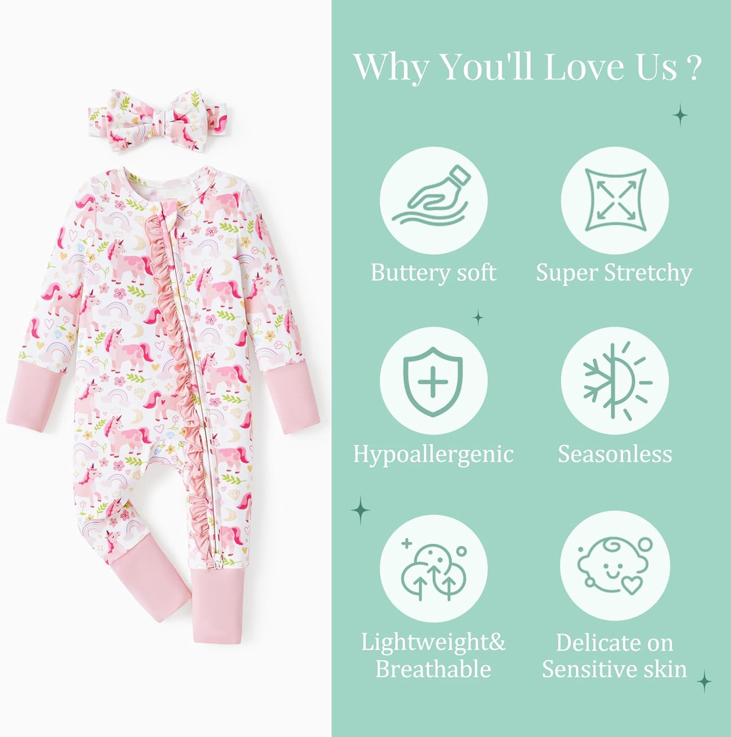 PATPAT Baby Girl Boy Footie Clothes, Bamboo Viscose, 2-Way Ruffled Zipper, Fold-Over Mittens & Cuffs with Headband - Image 3