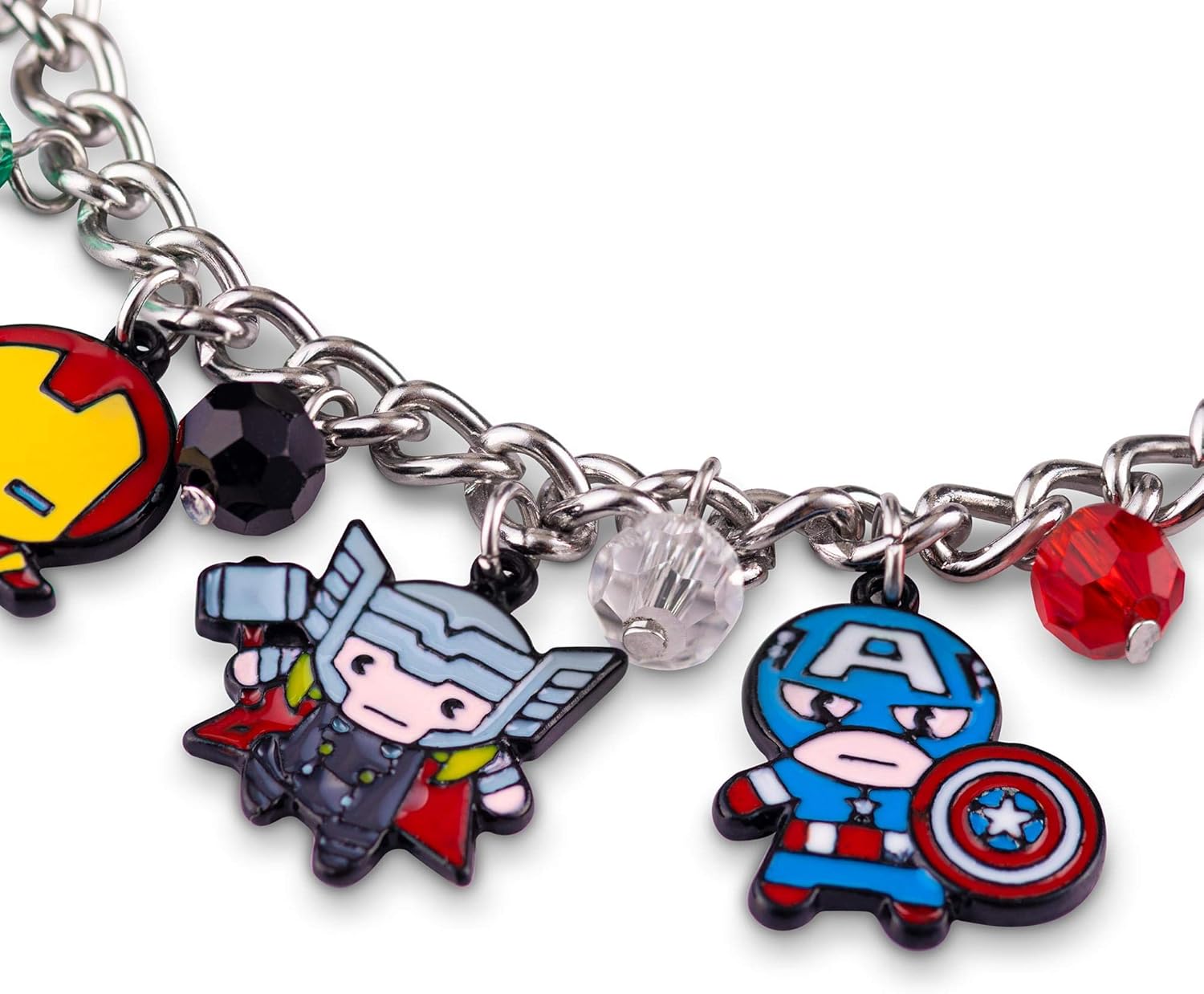 The Avengers Chibi Form Characters 15mm Enamel Charm Bracelet - Polished Silver Finish Chain Bangle Jewelry with Colorful Beads for Men & Women - Cool Novelty Item for Marvel Movies or Comics Fans