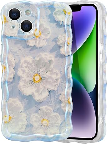 EYZUTAK Case for iPhone 14 Plus/iPhone 15 Plus, Colorful Retro Oil Painting Flower Laser Glossy Cute Curly Wave Edge Exquisite Phone Cover Stylish Durable TPU Protective Case for Girl Women-Light Blue