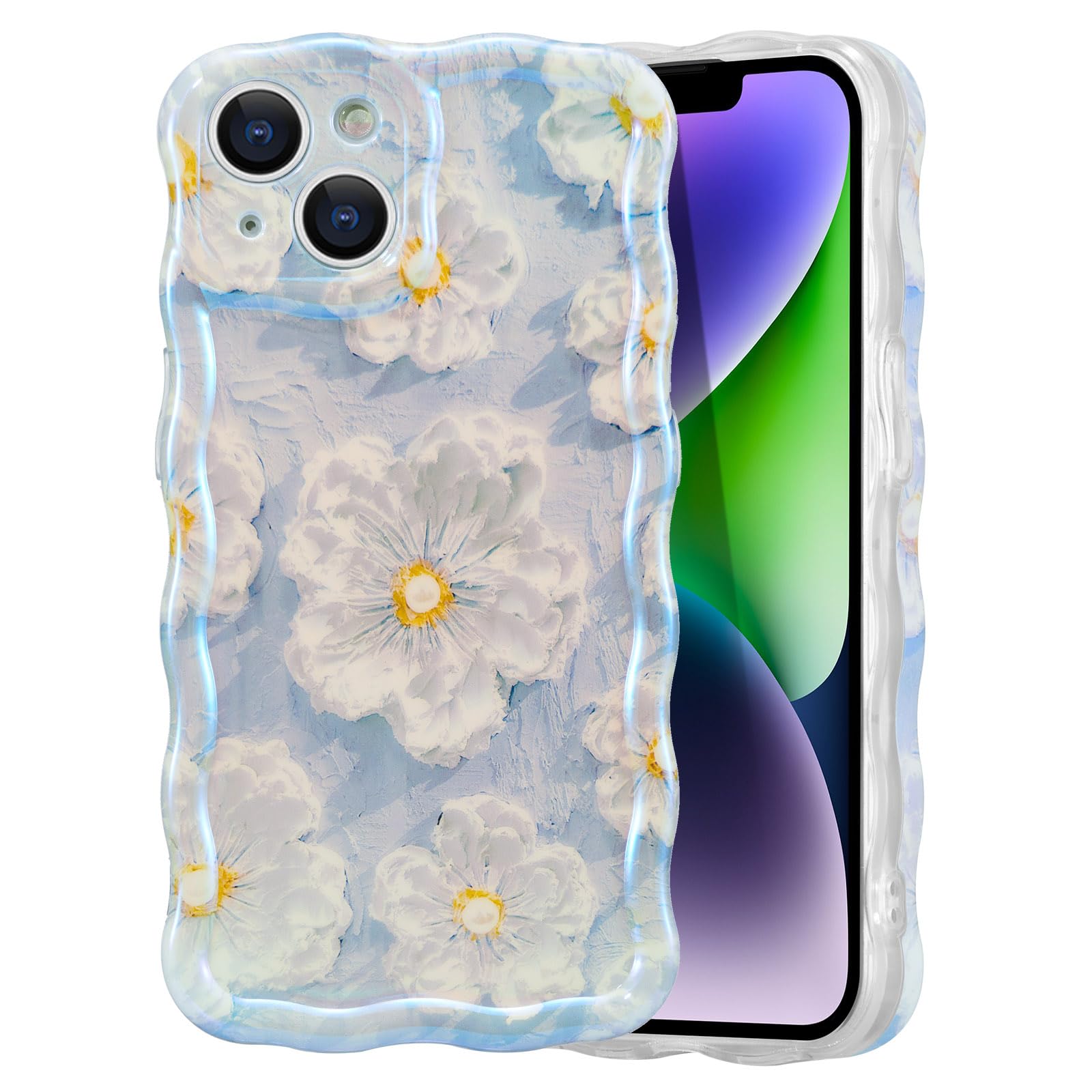 EYZUTAK Case for iPhone 14 Plus/iPhone 15 Plus, Colorful Retro Oil Painting Flower Laser Glossy Cute Curly Wave Edge Exquisite Phone Cover Stylish