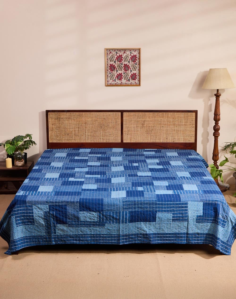 Fabindia Indigo Roshan Gudri Embroidered Cotton Double Bed Cover-image-35