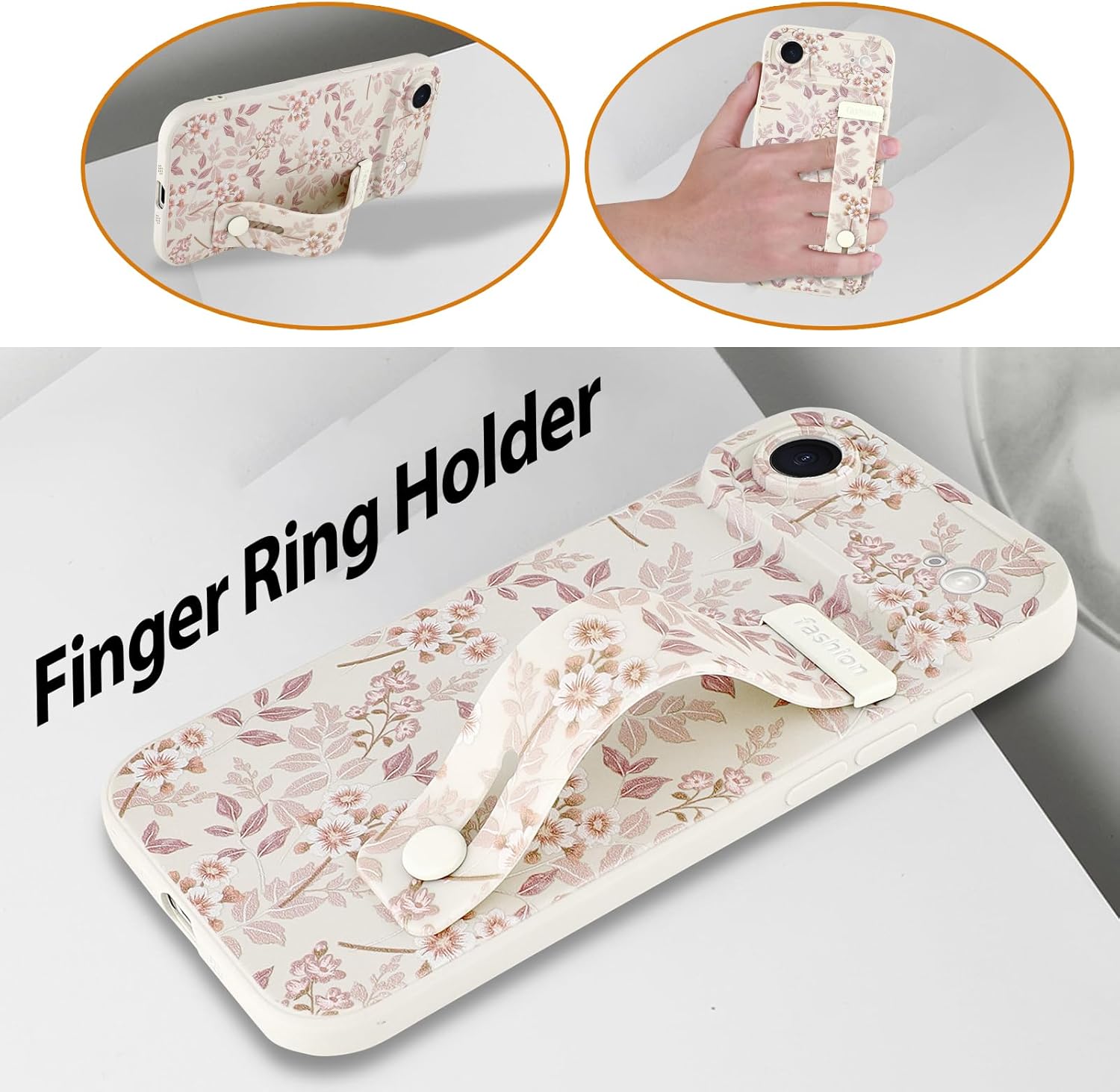 Compatible with iPhone Air Case for Women Men, Cute Flower Floral Pattern, Built in Adjustable Metal Wrist Strap Grip Hand Holder Kickstand Soft Silicone Cover 6.5 Inch, White - Image 5