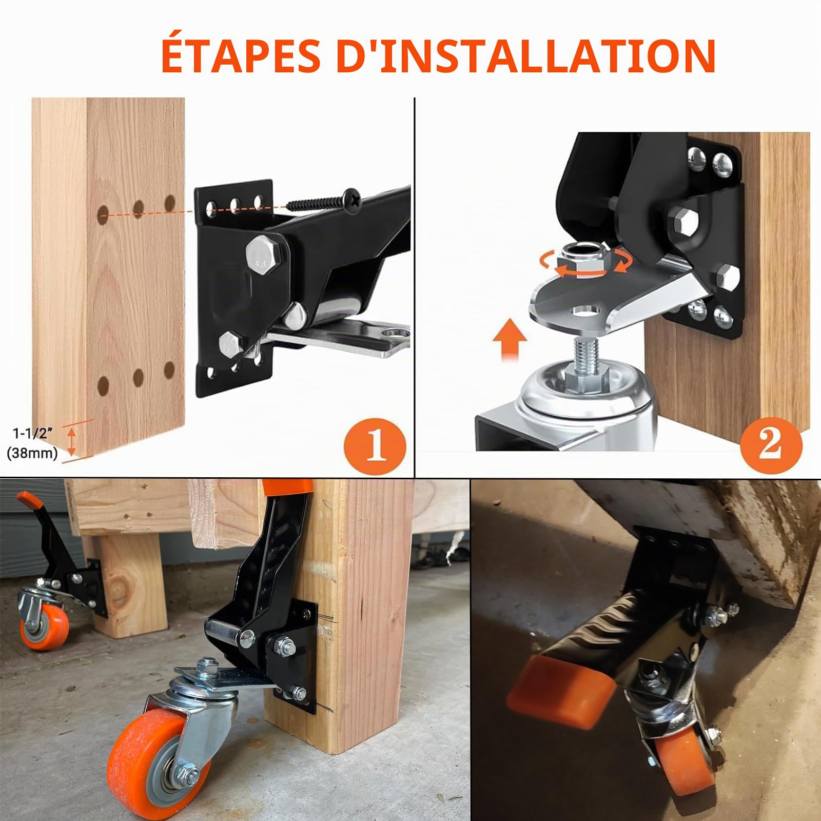Lot de 4 Roulette Charge Lourde, 65 mm Roulettes pour Meubles, Roulettes Pivotantes Capacité de 300kg, Roulettes de Transport avec Fonction de Levage et d'abaissement pour Établis, Chariots