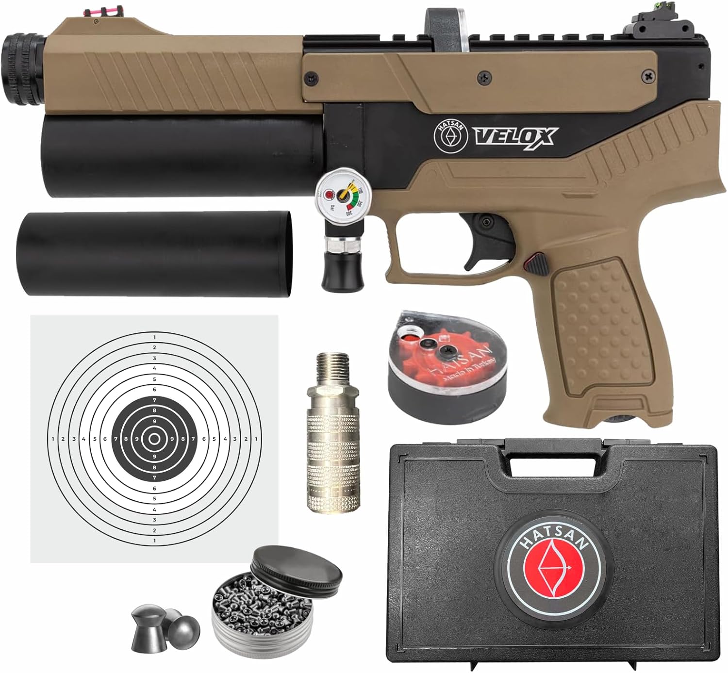 Hatsan Velox PCP Air Pistol Semi-Auto Pellet Gun, up to 620 FPS, up to 20 Joules, up to 12 RDS, w/ Wearable4U Hard Case +Pellets +Paper Targets Bundle (2024 Edition)