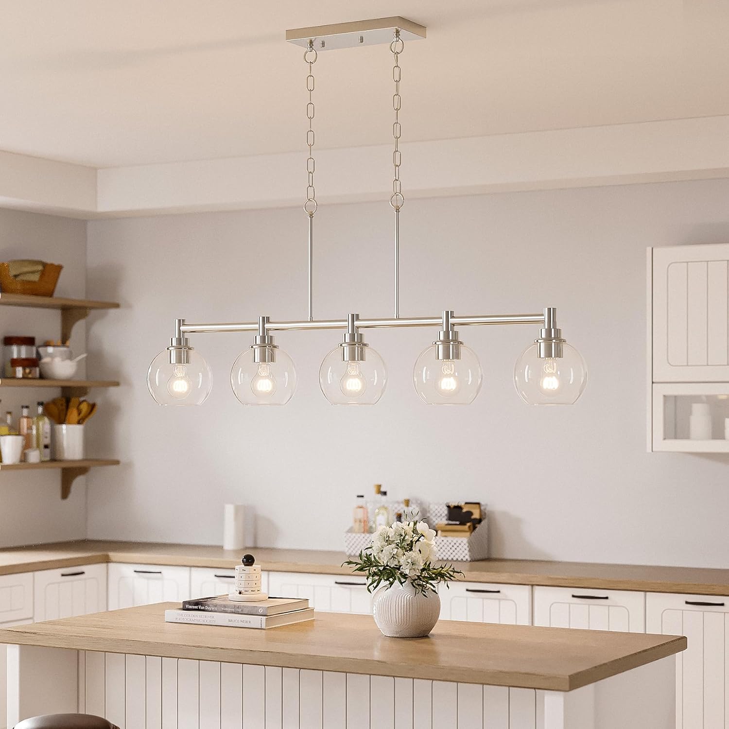 VONLUCE Dining Room Light Fixture Over Table, 5-Light Kitchen Island Lighting with Round Glass Shades & Adjustable Hanging Heights, Linear Chandlier for Dining Room Kitchen, Nickel, ETL Certificated