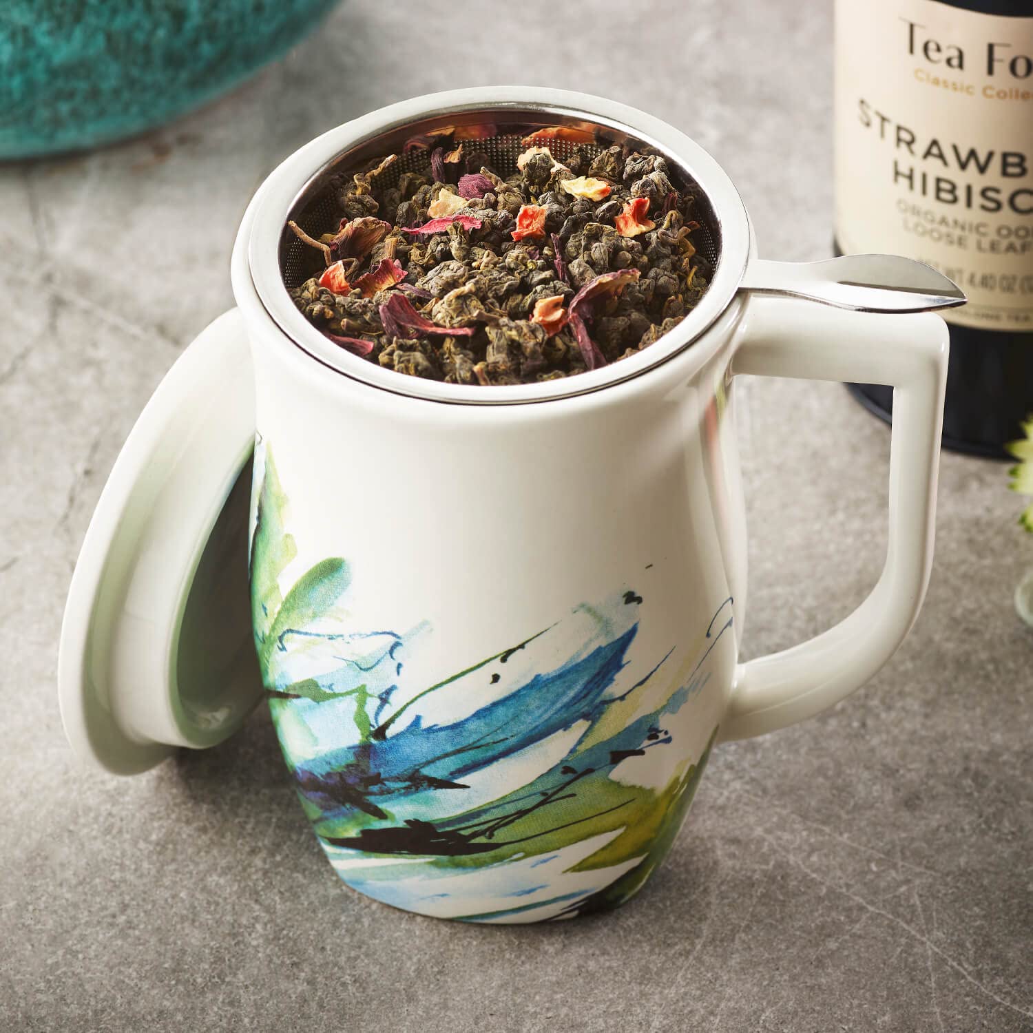 Tea Forte Fiore Teetasse aus Keramik mit Teesieb, blaue Agave, 400 ml