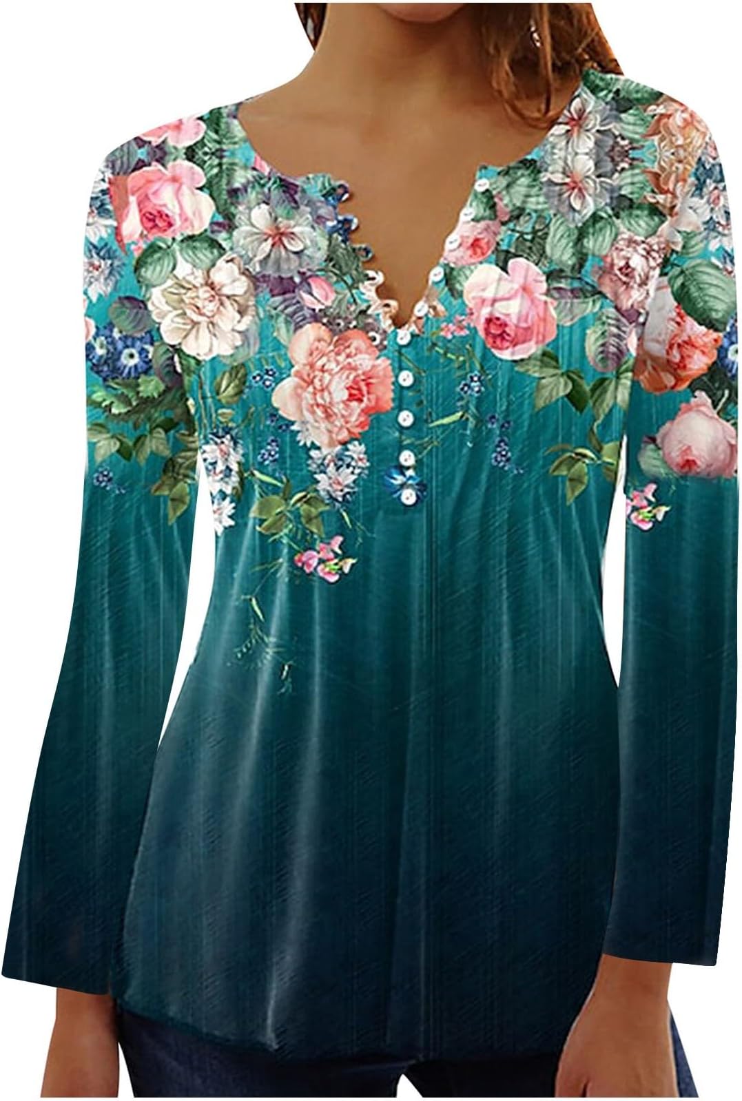 2023 Blouse for Women Casual Tops Dressy Long Sleeve Hide Belly Tunic for Leggings Fall Floral Print Button Up Henley Shirts