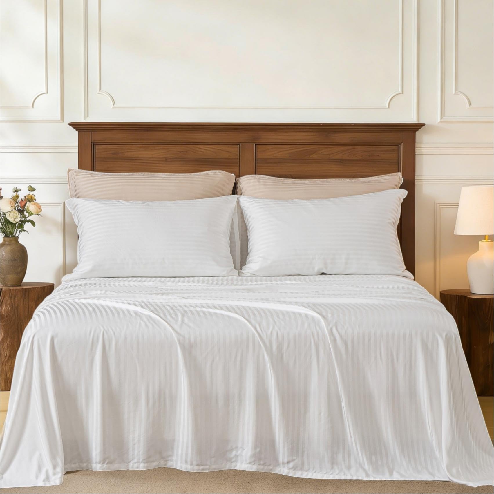 Parure de lit douce en satin de bambou blanc 4 pièces drap-housse