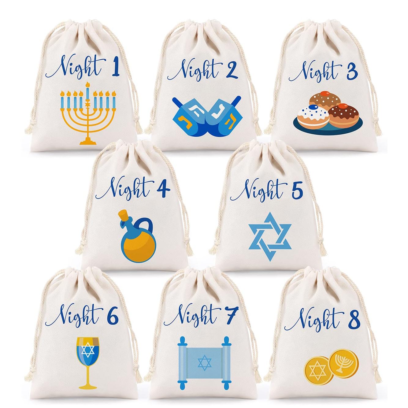 8 Nights of Hanukkah Gift Bags,Jewish Chanukah Drawstring Gift Pouches Blue Menorah Dreidel Hexagram Star Off-white Burlap Bags Holiday Goodie Candy Treat Bags for Judaism Hanukkah Party Favors