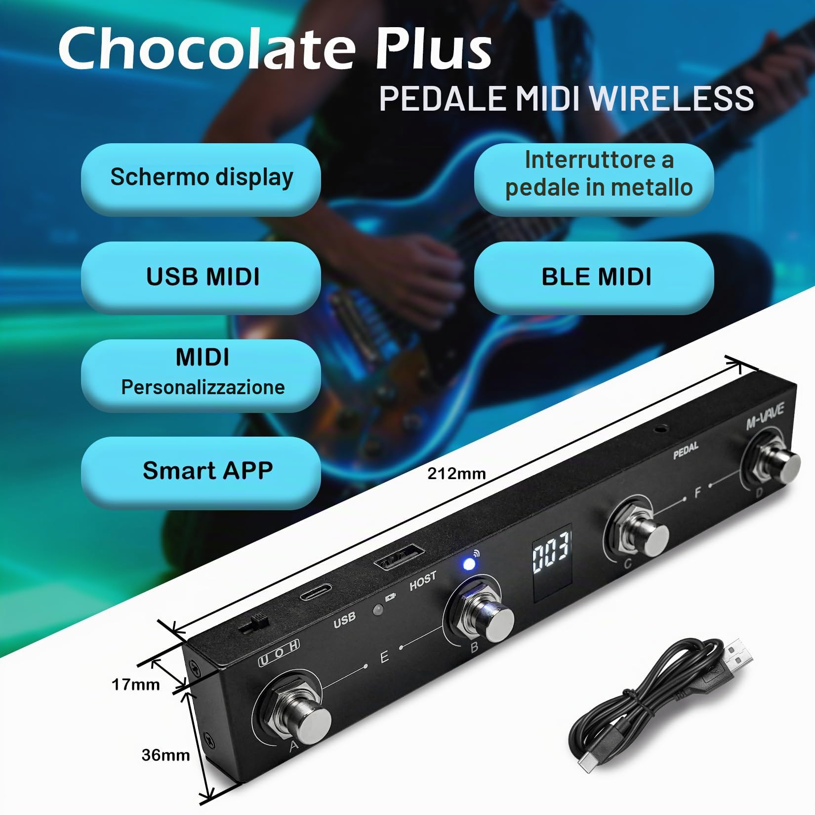 M-VAVE Chocolate Plus Wireless MIDI Pedale 4 Tasti BT Ricaricabile, Comando APP