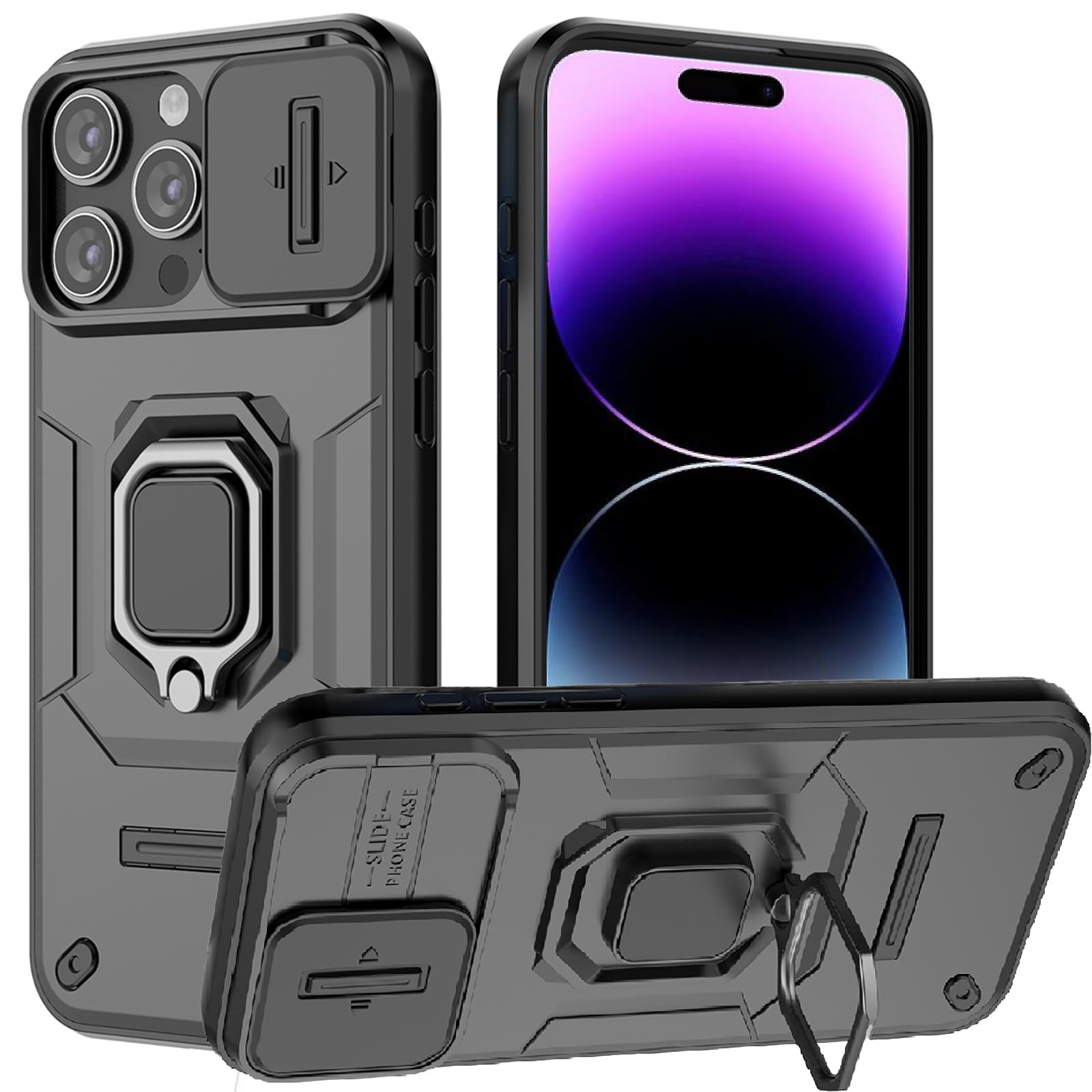 for iPhone 14 Pro Max Case with Sliding Camera Cover and 360° Rotate Ring Kickstand Heavy Duty Protective Shockproof Protective Phone Case for iPhone 14 Pro Max Cover,Black