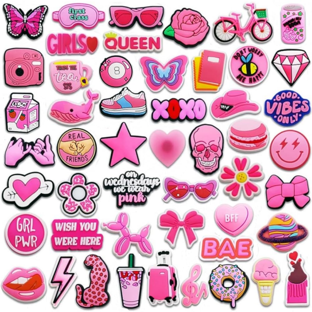 Heansun 50 PCS Pink Shoe Charms for Girls Teens, Aesthetic PVC Shoe Decoration Charms
