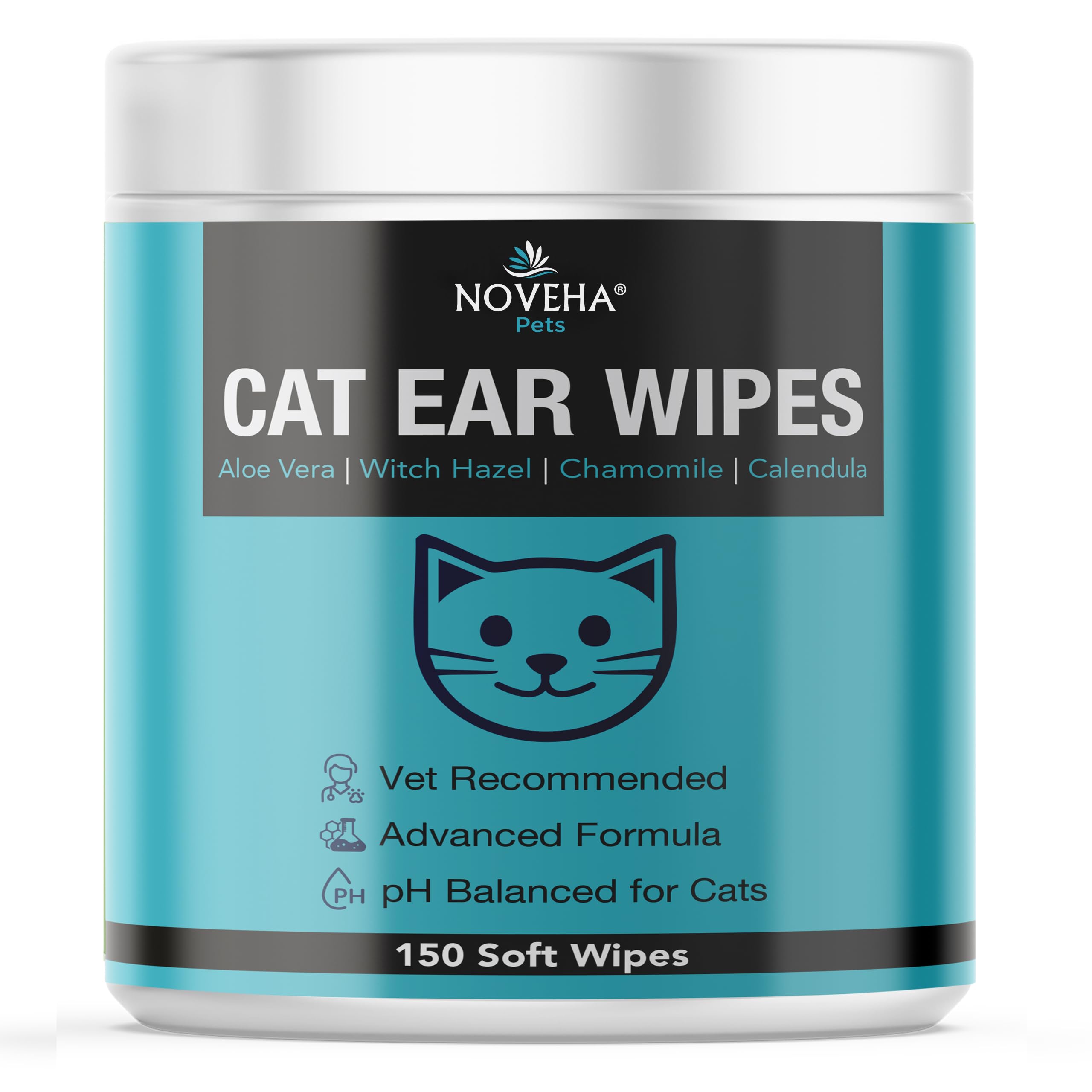 NOVEHA 150PCs Cat Ear Wipes - Pet Ear Cleaner - Safe & Soft Ear Cleaner for Cats - Easy & Gently Remove Wax, Dirt & Odor - Soothing, Non-Irritating, Unscented Grooming Care