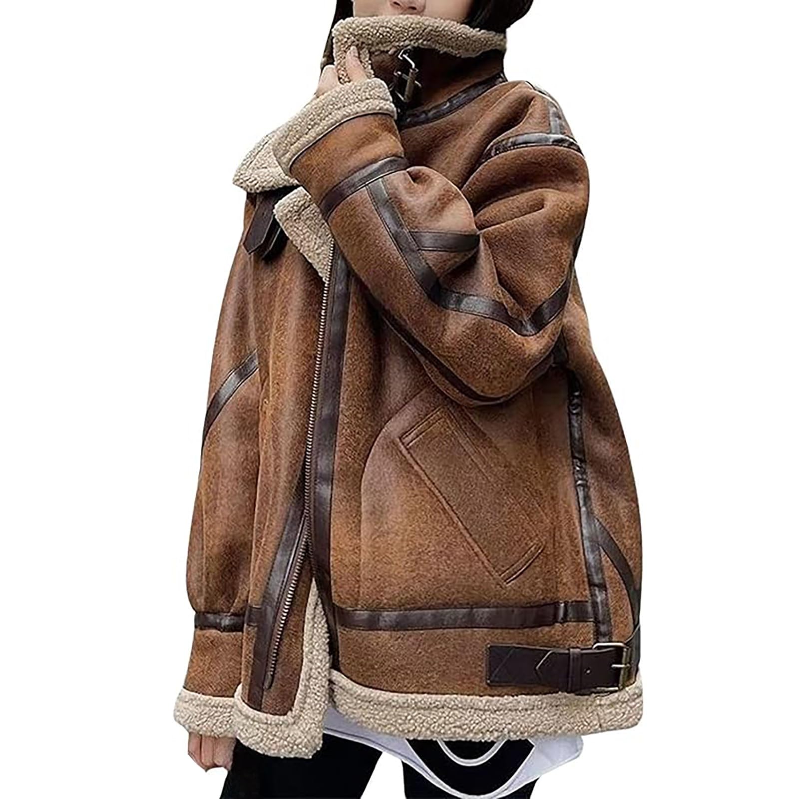 Manteau en daim pour femme avec doublure en peau de mouton - Veste longue en daim synthétique - Veste d'aviateur légère - Veste d'aviateur - Veste de pilote doublée - Veste polaire - Moteur