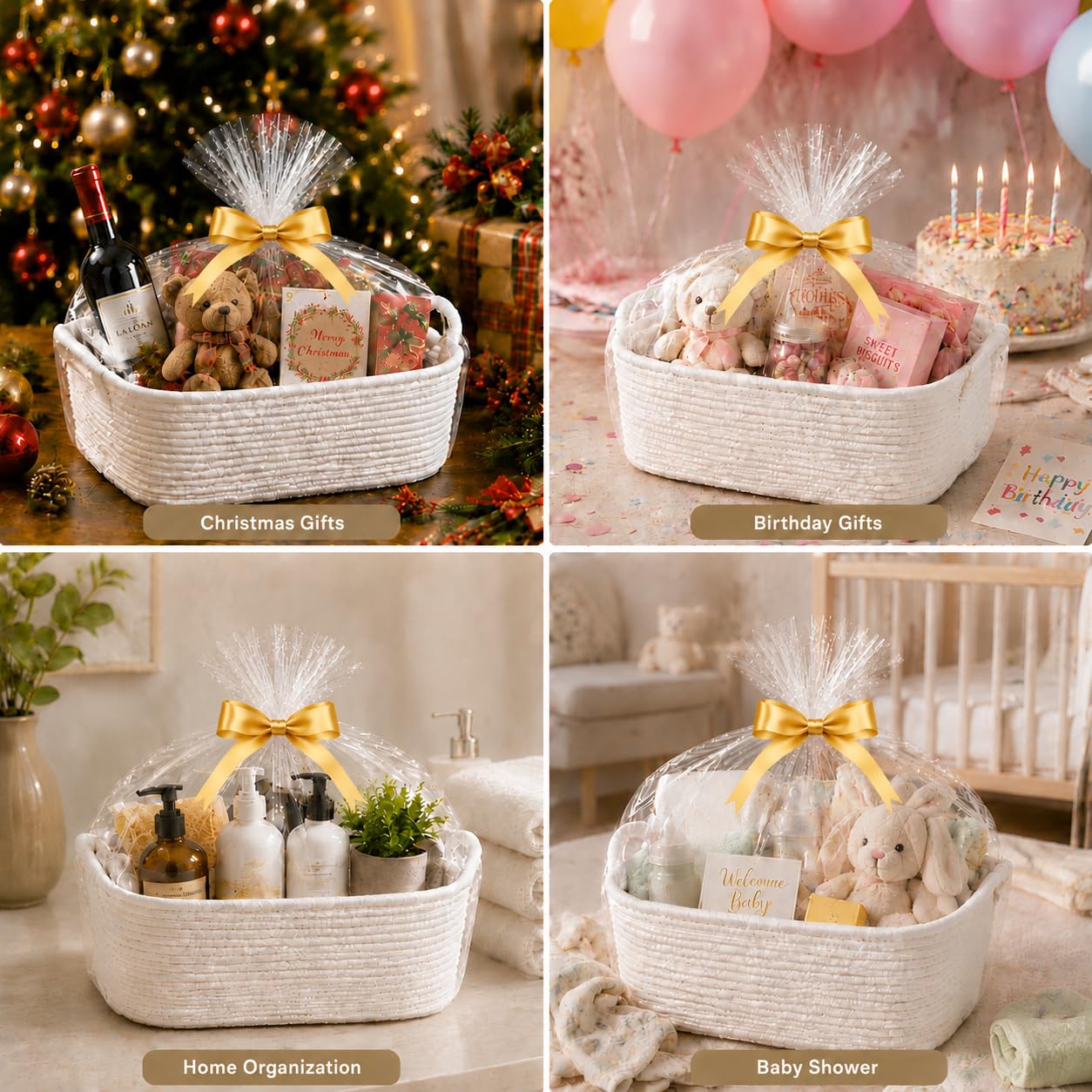 10 Pack White Woven Gift Baskets with Gift Bags and Ribbons, 12"x8"x5"
