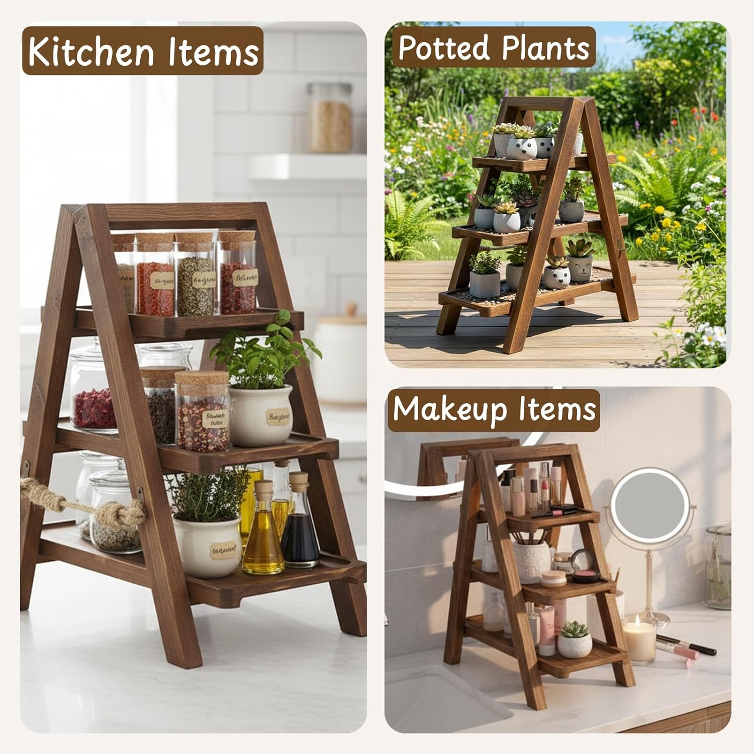 3 Tier Wooden Cupcake Stand, Foldable Ladder Dessert Table Display Set, Swing Party Food Display for Cakes, Bread, Snacks, Fruit, Drinks