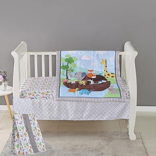 Juego de ropa de cama para cuna de bebé, 4 piezas, diseño de Arca de Noé, color azul y gris, juego de ropa de cama para cuna de bebé, colcha, falda,