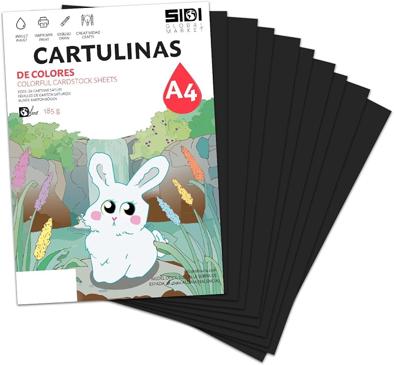 Carton A4 Noir 185 g Papier cartonné pour travaux manuels, Scrapbooking, imprimante jet d'encre et laser – SIDI (noir, 25h)
