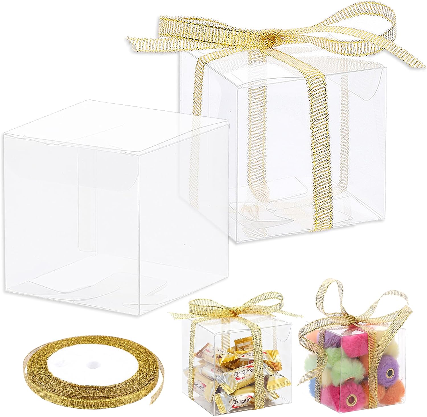 Gabrella 60 Pack Clear Favor Boxes, 2x2x2 Inch Candy Boxes with Ribbons, Small Candy Containers Plastic Gift Box for Macaron, Wedding, Baby Shower, Birthday, Party Favors