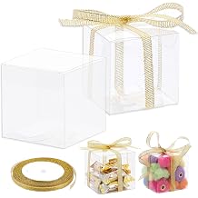 Gabrella 60 Pack Clear Favor Boxes, 2x2x2 Inch Candy Boxes with Ribbons, Small Candy Containers Plastic Gift Box for Macaron, Wedding, Baby Shower, Birthday, Party Favors