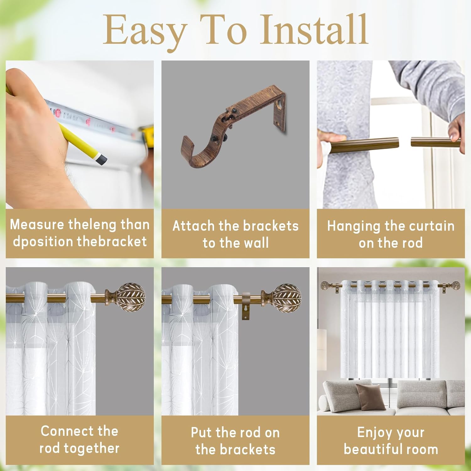 Boho Wooden Curtain Rods for Windows 48 to 84 Inches(4-7 ft), Adjustable Heavy-Duty 1" Diameter Drapery Rod with Imitation Wood-Grain Leaf-Pattern Finials - for Living Room & Bedroom，36-88''