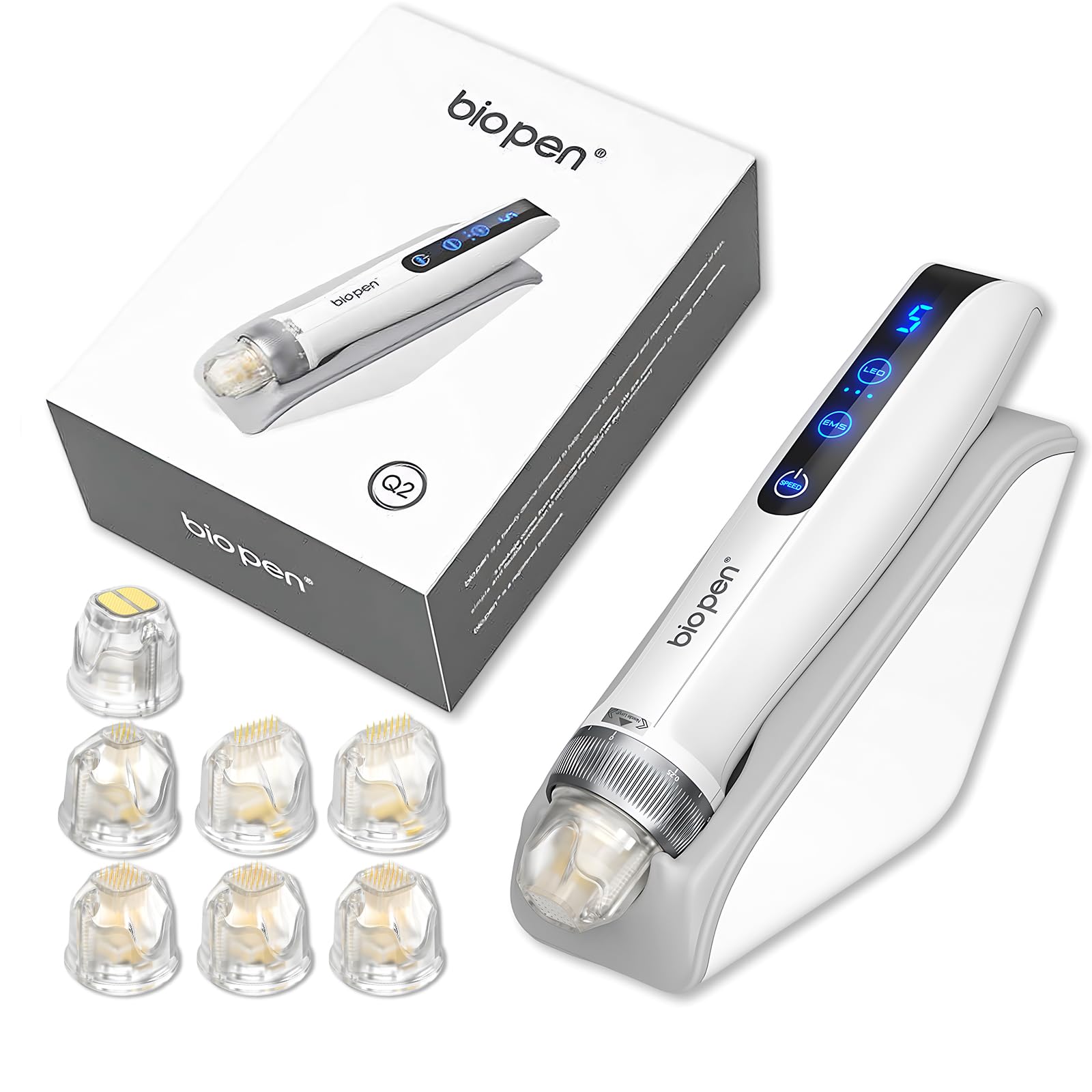 Microneedling Bio Pen Q2 professionale, strumento di bellezza tutto in uno con micro aghi, EMS e terapia LED, Microneedle elettrico senza fili con touch screen, include 7 punte di ricambio