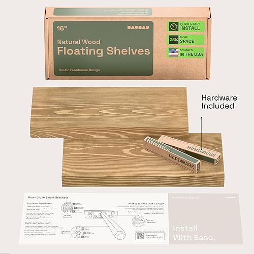 Miniatura 6 de BAOBAB WORKSHOP Estantes flotantes de madera natural para pared de 16 pulgadas, estantes flotantes de pared para cocina y dormitorio, estantes de