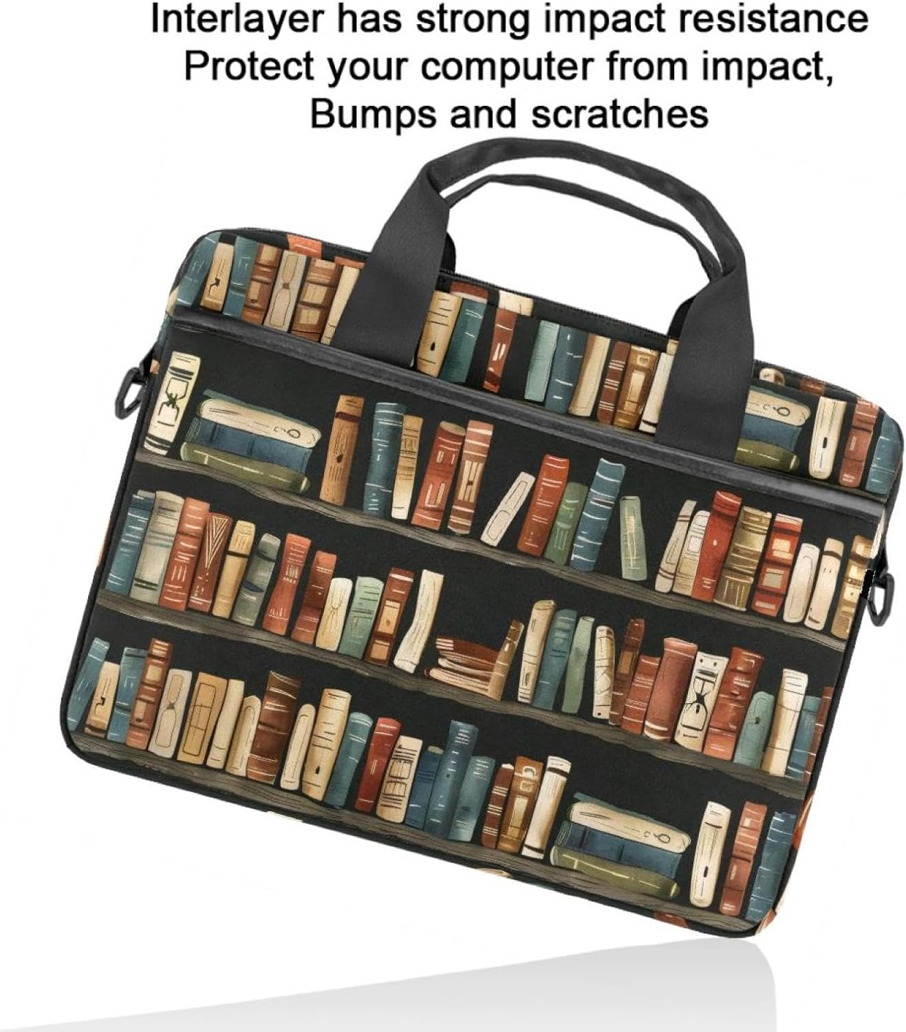 Retro Bookshelf Pattern Laptop Case Bag Sleeve Portable Crossbody Messenger Briefcase w/Strap Handle, 13 14 inch