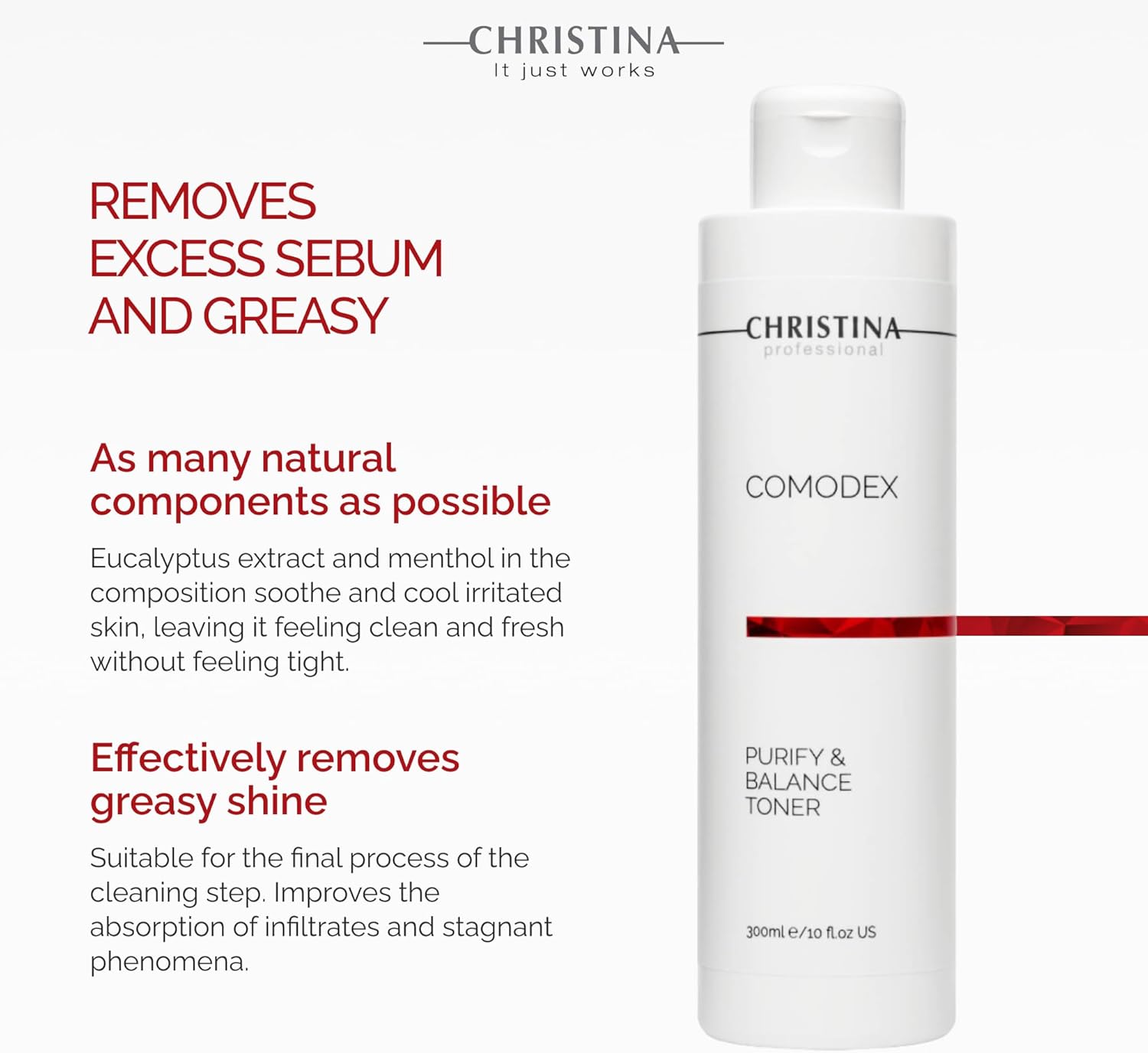 Christina Comodex Purify & Balance Facial Toner - 300ml - Non-Drying Formula with Eucalyptus and Tasman Pepper Extract - PH Balancing Toner for Combination, Normal and Oily Skin Types.