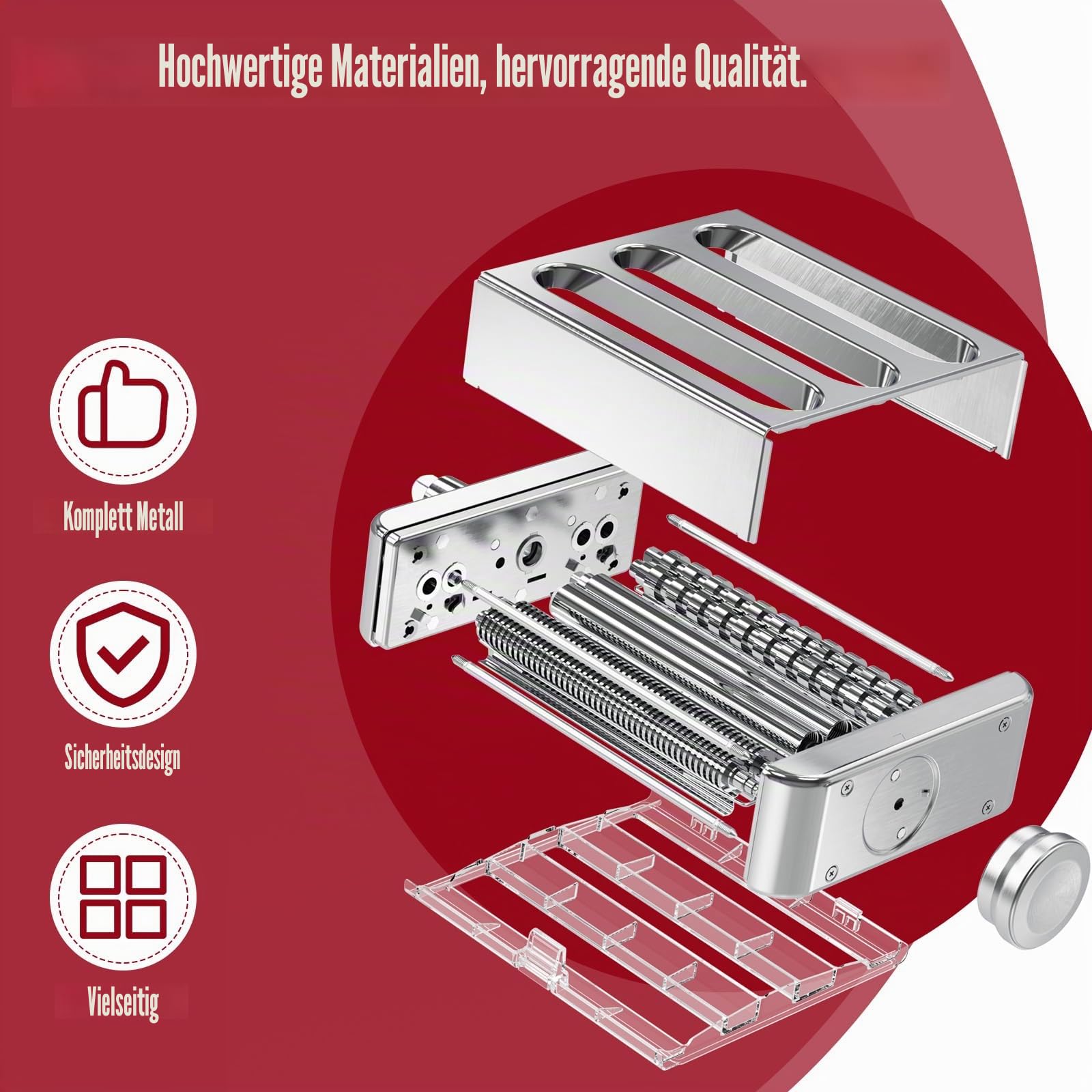 Eascandy Edelstahl Nudelaufsatz für KitchenAid, Metall 3-in-1 Pasta Aufsatz für KitchenAid-Küchenmaschine, 8 Gänge verstellbarer Nudelrollen-Aufsatz für Fettuccine-Linguine-Nudelblätter