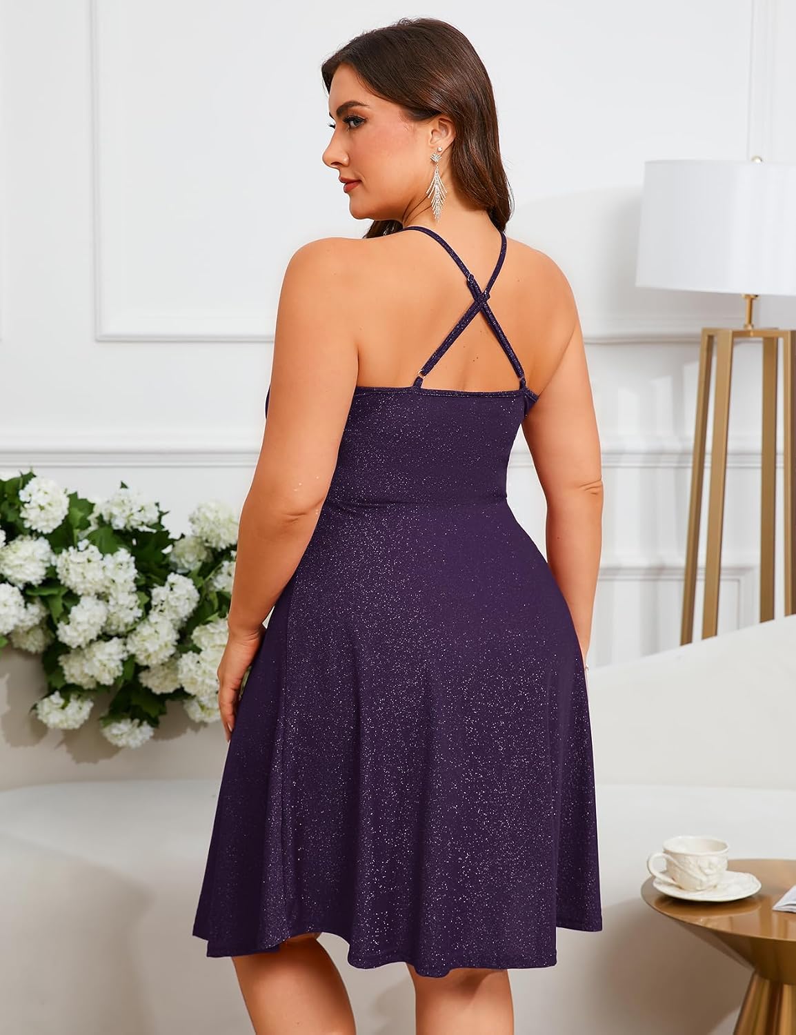 ZOMVA Plus Size 0X-4X Sparkly Glitter Sleeveless Aline Mini Dress Sparkle Wrap Spaghetti Strap Sexy Dress Cocktail Party Club