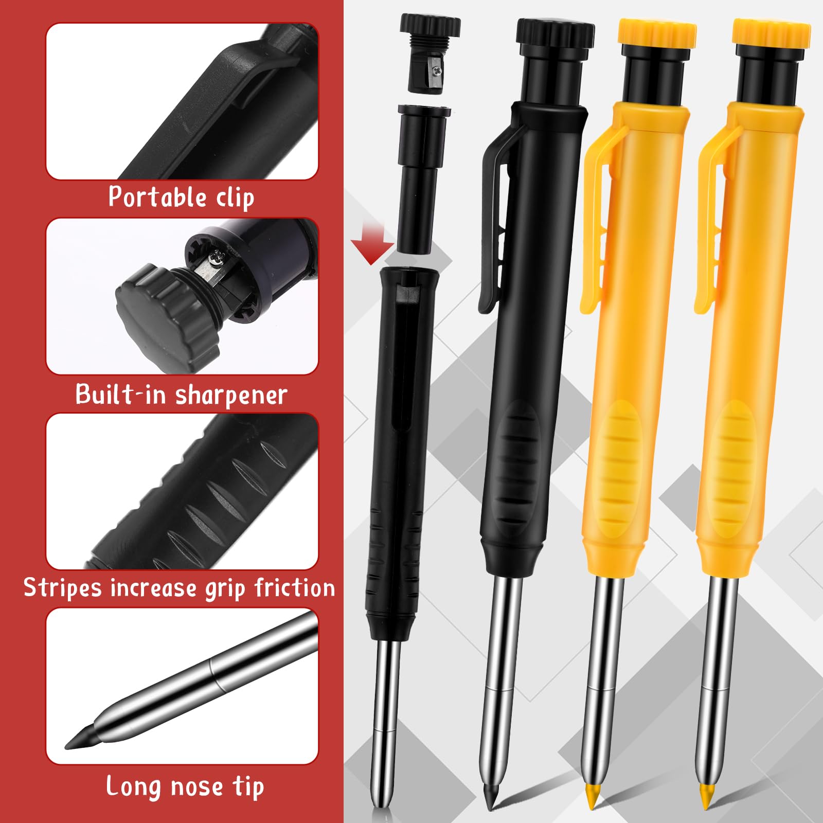 MotiMind Confezione da 8 matite meccaniche da falegname da 2,8 mm con 48 ricariche, matite da costruzione con temperamatite integrato, pennarello a punta lunga, strumenti per la lavorazione del legno