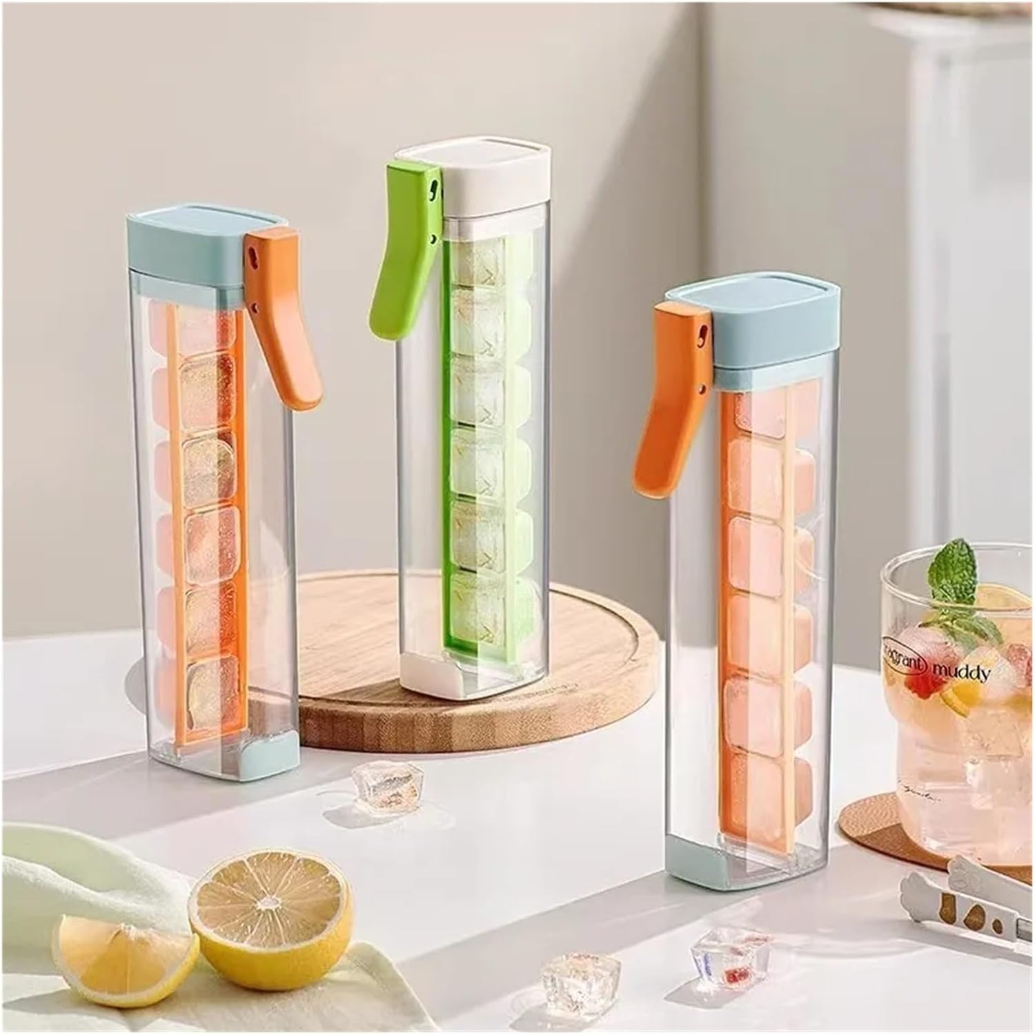 Stackable Ice Cube Tray With Removable Lid Press Type Mini Freezer Grid Easy Release Food Grade Storage Box(Green)