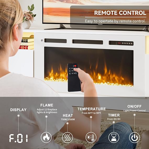 oneinmil 70 TV Stand with 36 Electric Fireplace, Large Modern Media Entertainment Center with Storage Cabinet and 12 Colors LED Lights for TVs Up to 80, White TV Stand and White Fireplace
