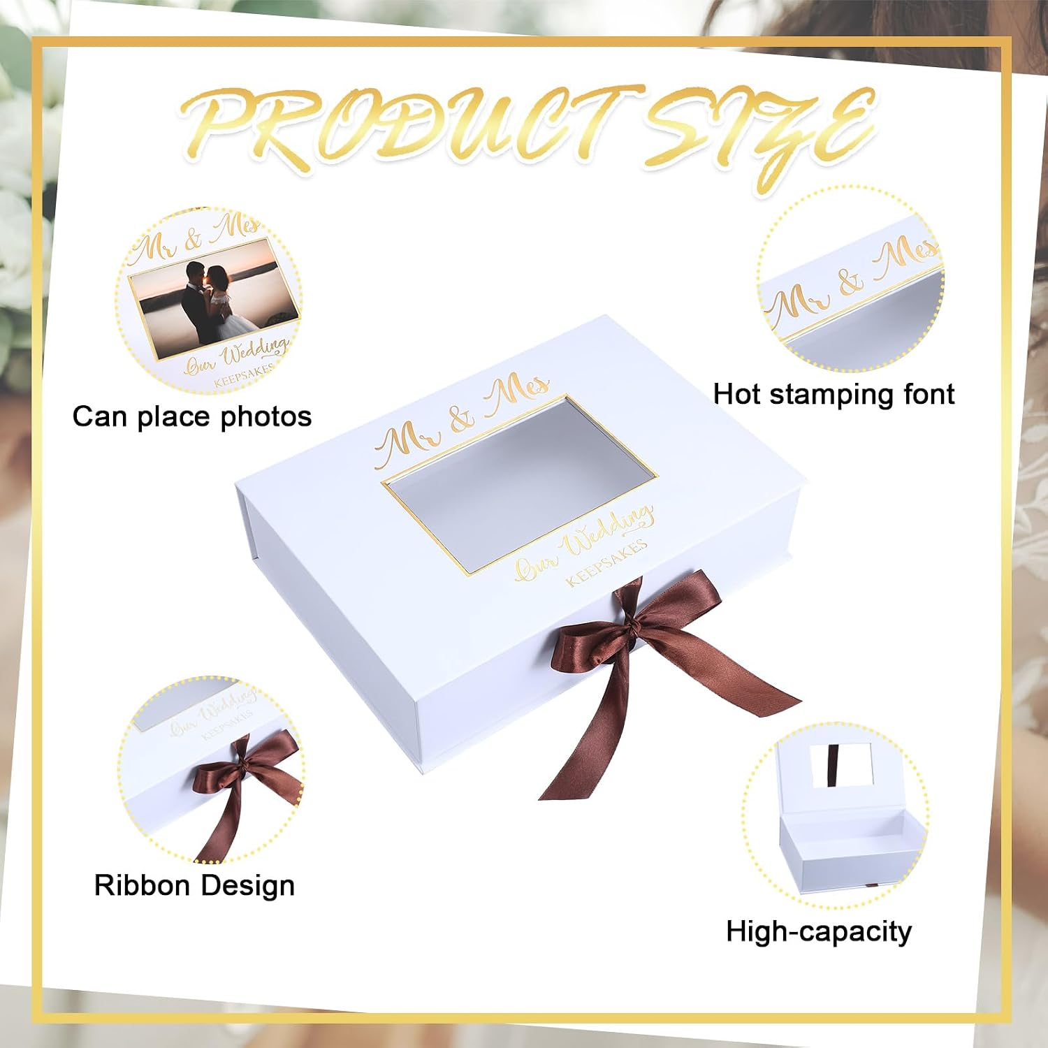 Condition photo showing As Is for weysat 12x9 inches gold stamping font wedding keepsake box cover with photo frame, white wedding memory box with ribbon for couples newlyweds bridal shower gifts
