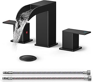QFN Black Bathroom Sink Faucet 3 Hole, 8 Inch Widespread Waterfall Squar...