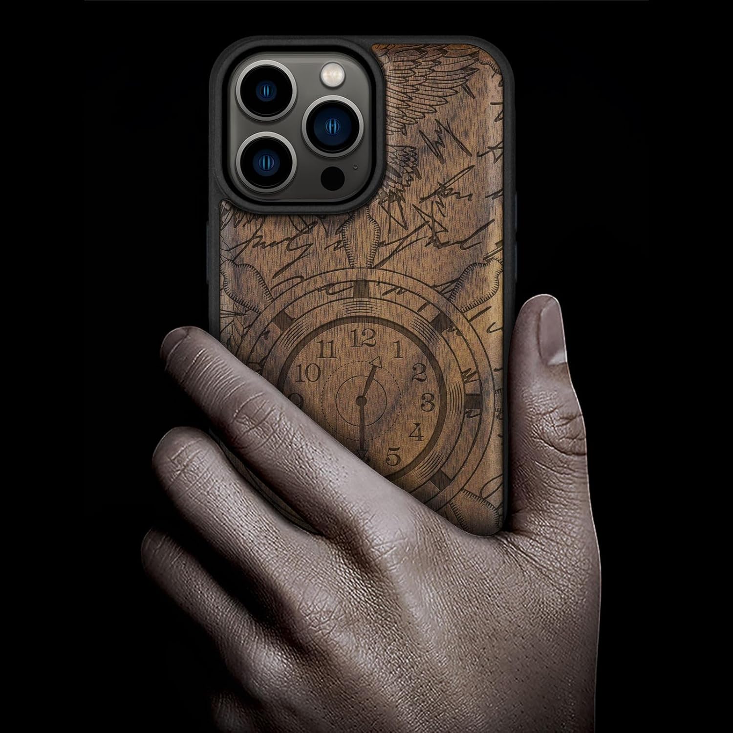 Carveit Magnetic Wood Case for iPhone 14 Pro Max [Natural Wood & Black Soft TPU] Unique & Classy Wooden Shockproof Protective Cover Compatible with magsafe (Nautical Time Voyage -Walnut)