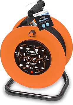 Innoteck 4-Way 25M Cable Reel with 13A Fused Plug   Heavy Duty Portable Extension Cord with Thermal Cut-Out Protection & Resetting Switch   Indoor Multi-Socket Power Reel, Orange & Black