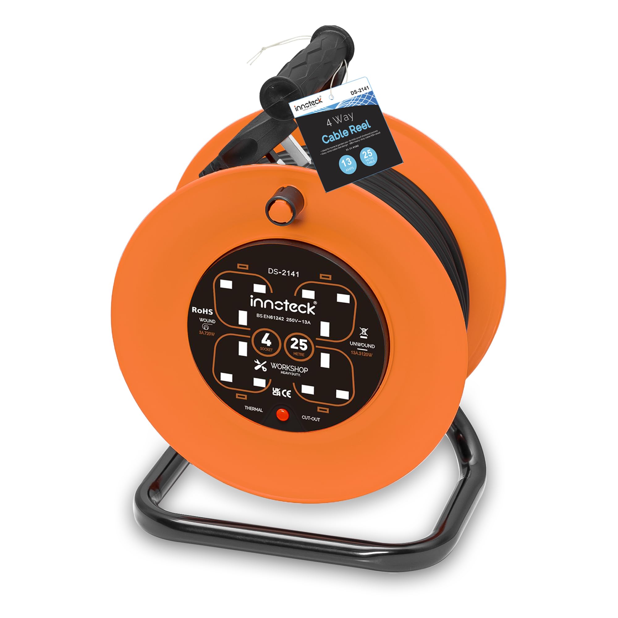 Innoteck 4-Way 25M Cable Reel with 13A Fused Plug – Heavy Duty Portable Extension Cord with Thermal Cut-Out Protection & Resetting Switch – Indoor Multi-Socket Power Reel, Orange & Black
