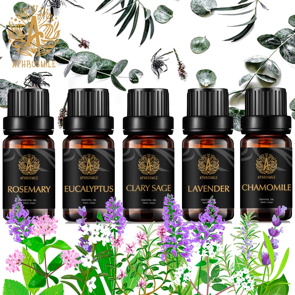 100% puro lavanda aceite esencial Kit,herbácea aceite set, 5x10ml aromaterapia manzanilla aceite esencial set para difusor - Eucalyptus, romero, salvia, lavanda, manzanilla Aceite