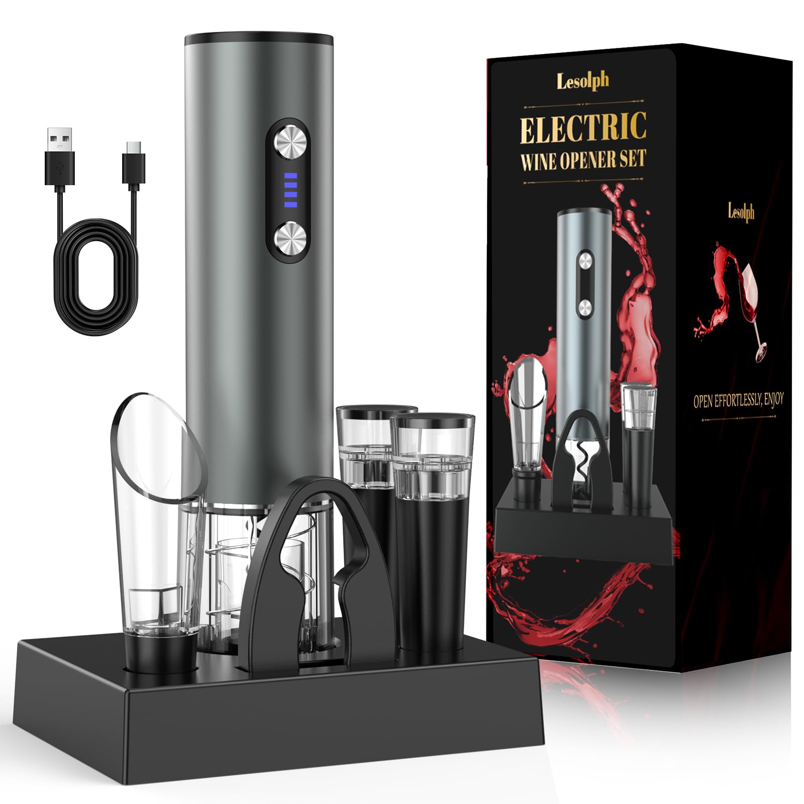 Sacacorchos eléctrico recargable inox, abridor de vino electrico saca rolhas regalos para hombre mujere abrebotellas con vertedor aireador, 2 tapón vino al vacío, cortador láminas y cable USB