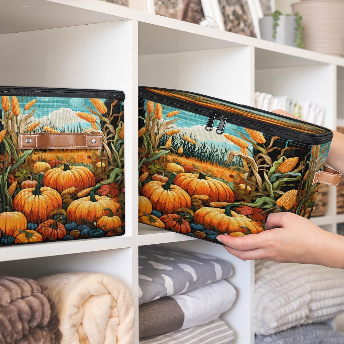 Storage Bin Set of 2 Fall Harvest Storage Basket with Zipper Lid & Handle Foldable Closet Shelf 2 Pack Cloth Organizer Basket Cube Bins Clothes Organizer for Bedroom, Nursery