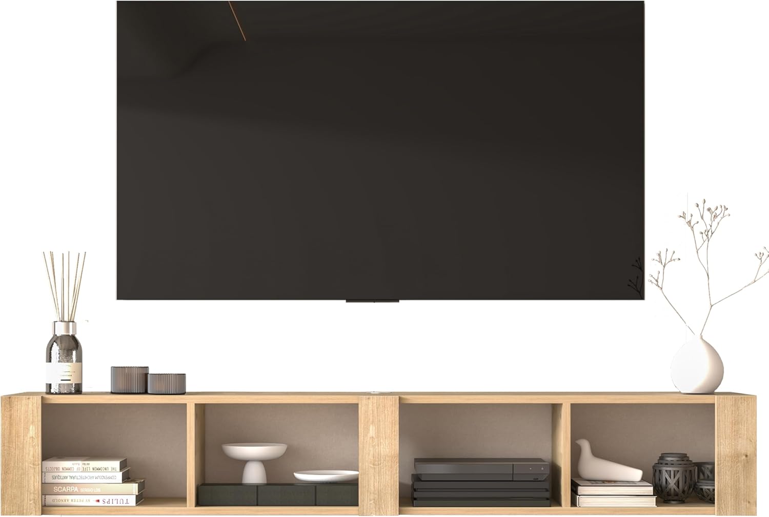 Atelier Mobili Floating TV Stand for 75 Inch TVs – Wall Mounted Entertainment Center with Open Storage Shelves – Modern Floating TV Console for Living Room & Bedroom – Oak and Walnut Finish (Oak)