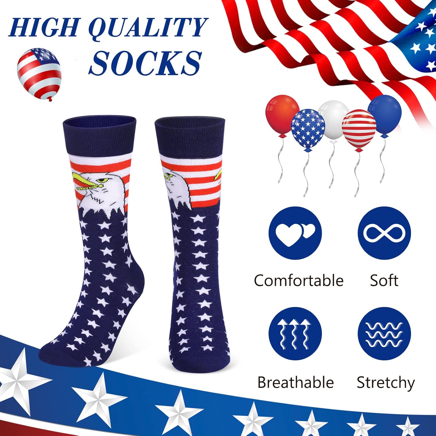 Tarpop 6 Pairs Veterans Day Patriotic Socks American Flag Star Stripes Unisex Socks Independence Day 4th of July Cotton Sock Gifts for Men's Women - Image 3