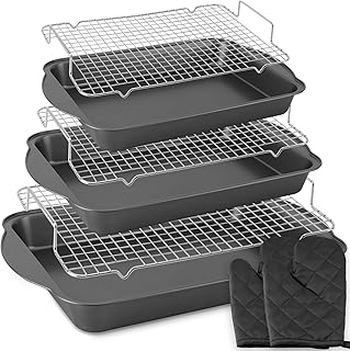 8PCS Deep Baking Pan Set, 14/15.9/17.5 Inch Nonstick Oven Pan with Cooling Racks & Oven Mitts, Heavy-Duty Roasting Pan with Wide Handles for Cakes, Lasagna and Meat, Black