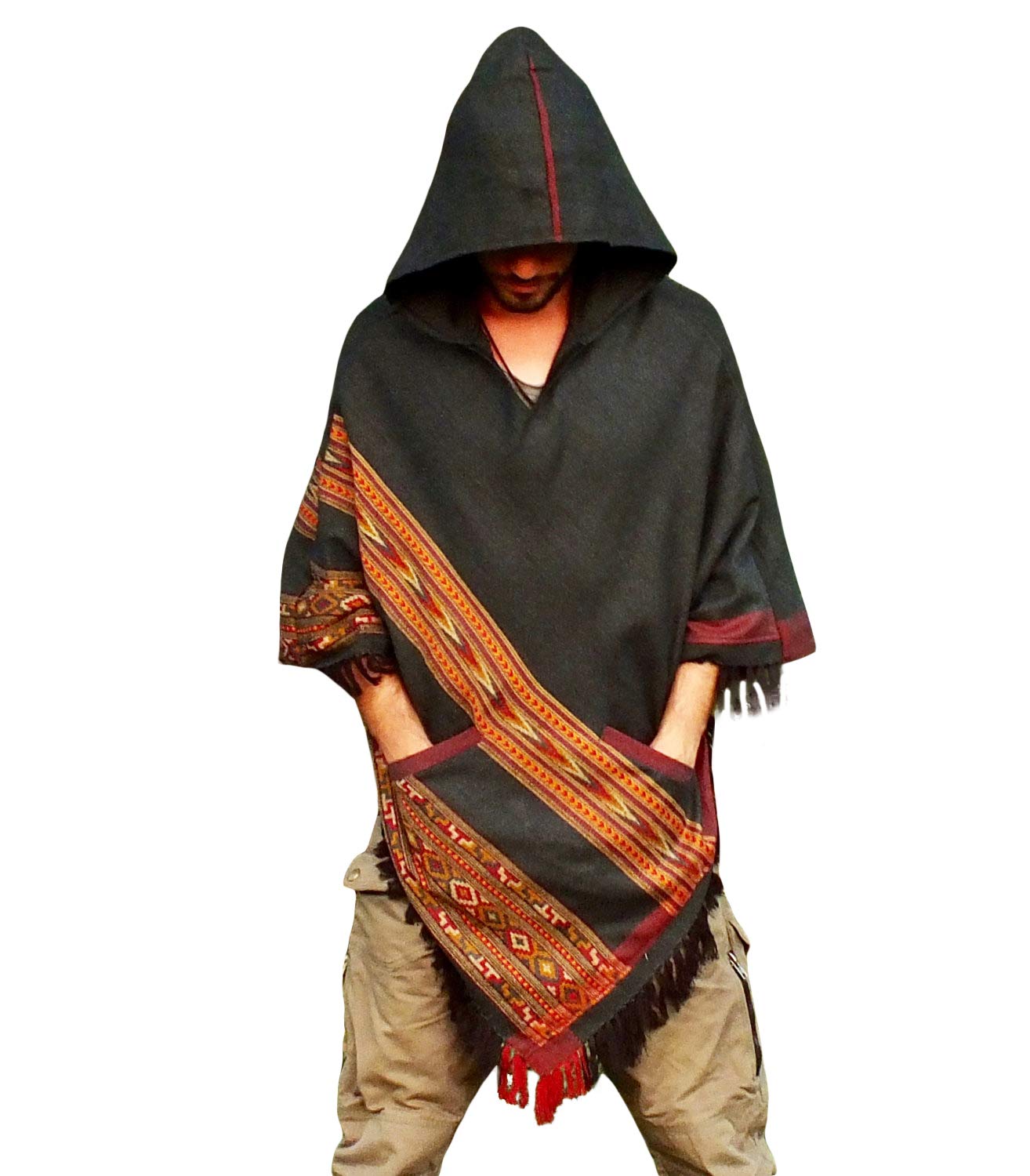 Poncho gris hecho a mano con capucha de lana YAK, patrón tribal terroso Festival Gypsy AJJAYA Mens Wear invierno cálido primitivo alternativa natural, gris, Taille unique