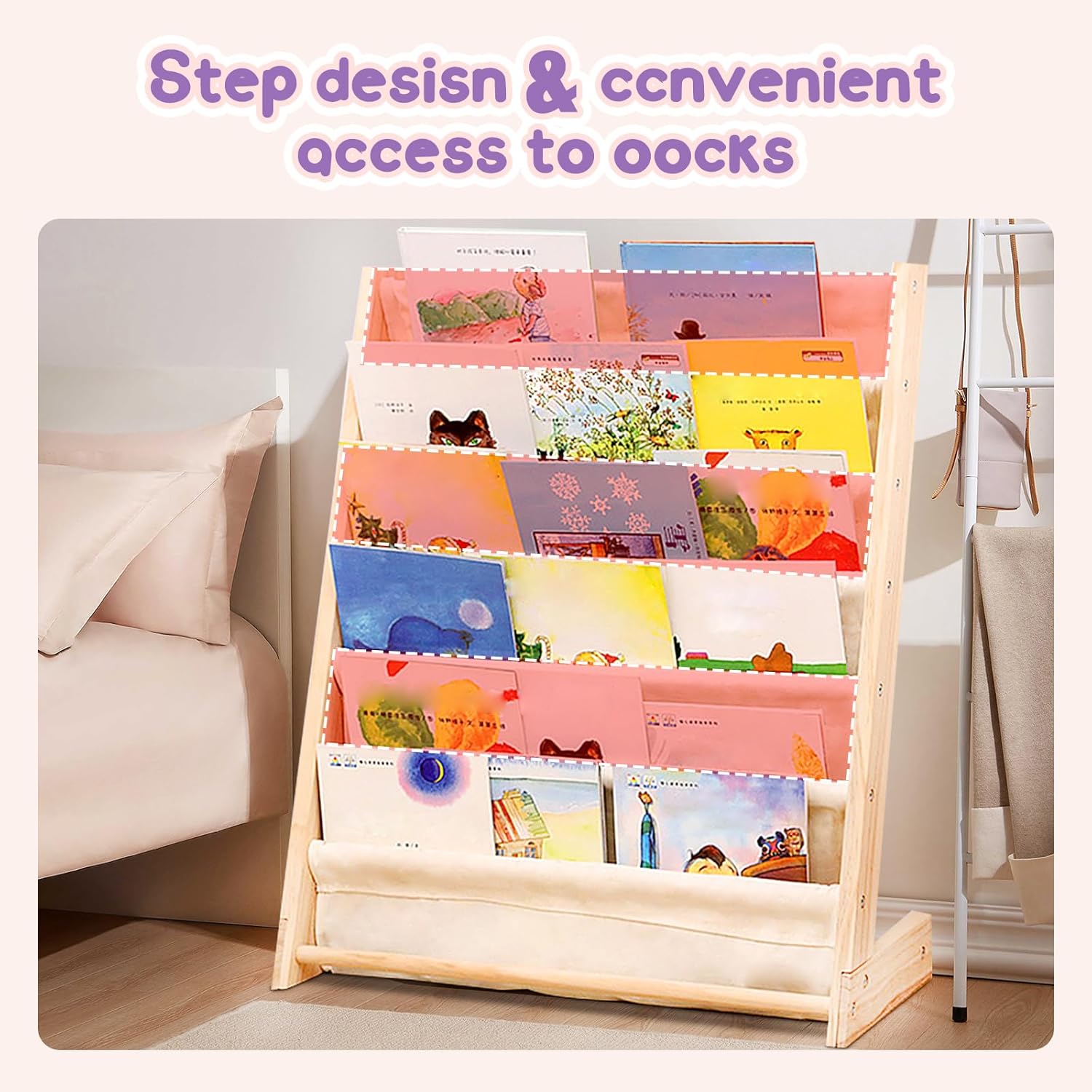 6-Tier Kids Bookshelf – Child-Safe Wooden Book Shelf with Cotton Linen Fabric, Holds 100+ Books, Baby Bookshelf & Toddler Bookcase Organizer for Nursery, Playroom & Kids Rooms