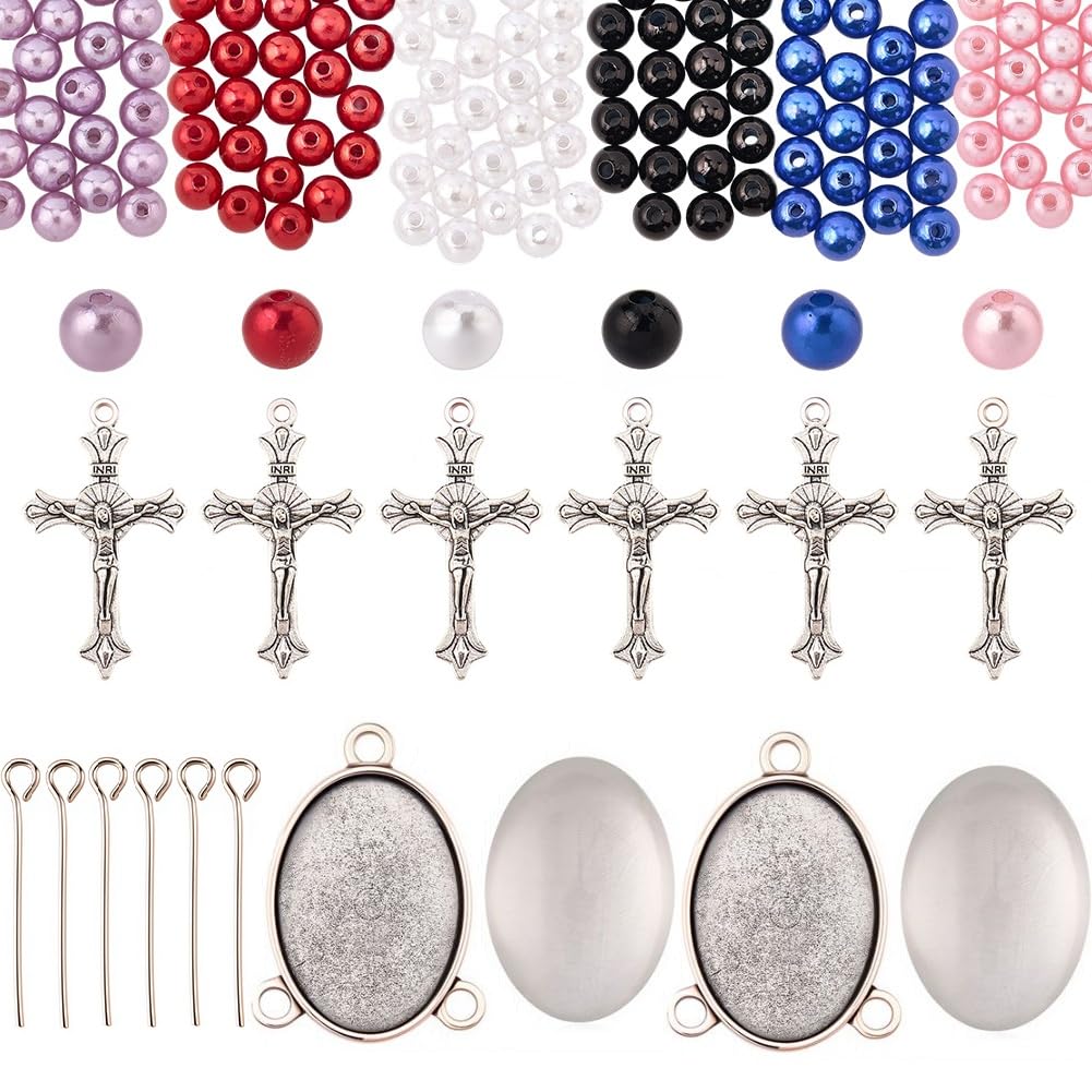 SUNNYCLUE 778Pcs DIY 6 Sets Rosary Making Kits Rosary Crosses Cross Charms Cabochon Bezel Setting with Glass Cabochons Imitation Pearl Beads Crucifix Charms for Women Men Memorial Gifts Supplies
