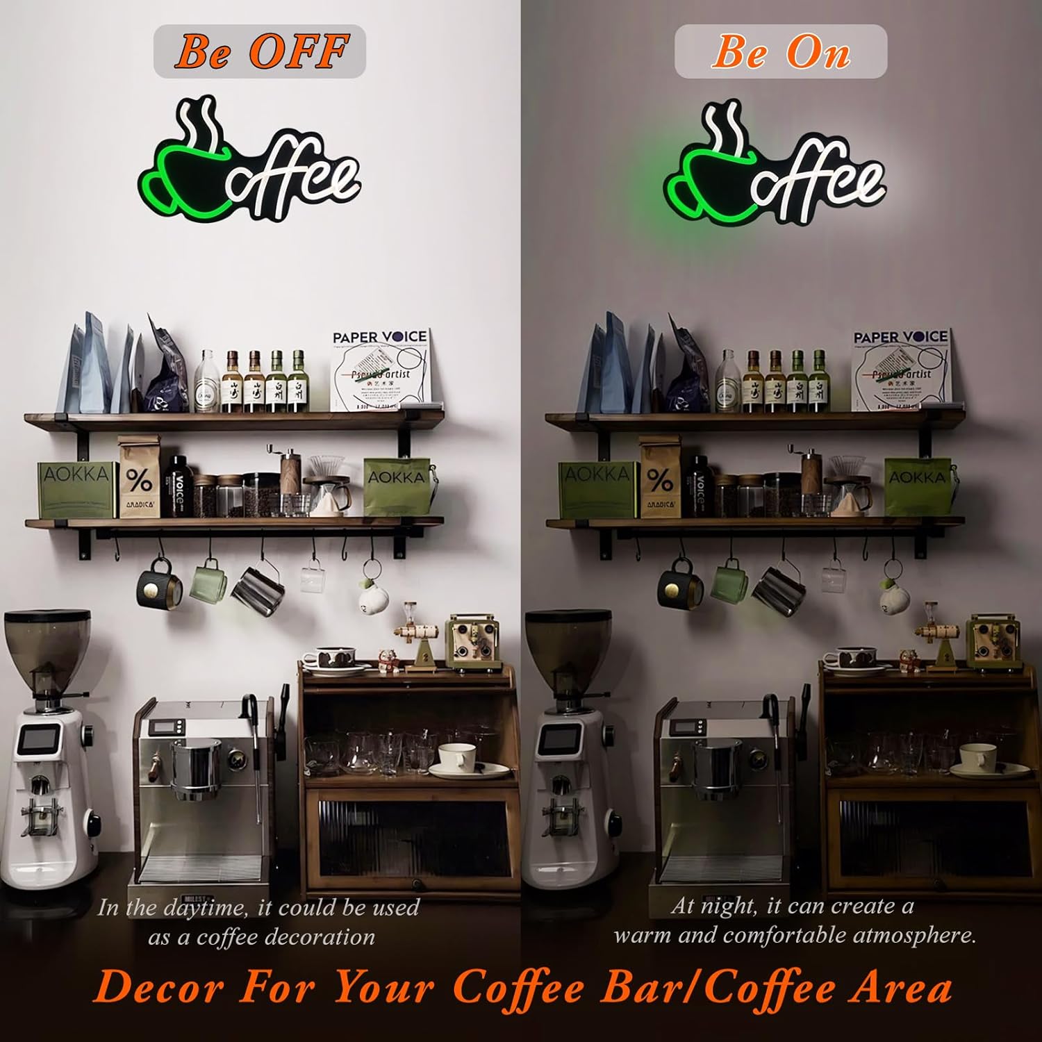 Coffee Sign Wall Decor Neon Signs,Dimmable USB Powered CoffeeSigns For CoffeeBarSign Decor,CoffeeStantion Wall Decor For Kitchen Home CoffeeLover Gifts-Green&White
